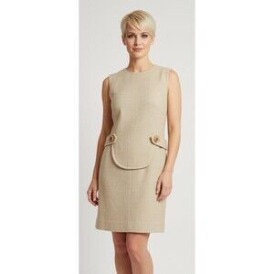 HANDMADE Vintage 60s Beige Gold Fleck Wool Blend Sleeveless Mini Dress Shift XS